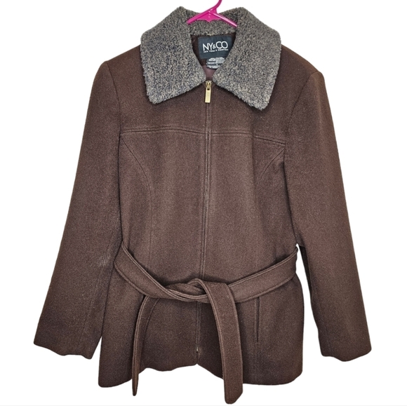 New York & Company Jackets & Blazers - Belted Wool Jacket Vintage 90s Full Zip Sherpa Collar Side Pockets Dark Brown Sm